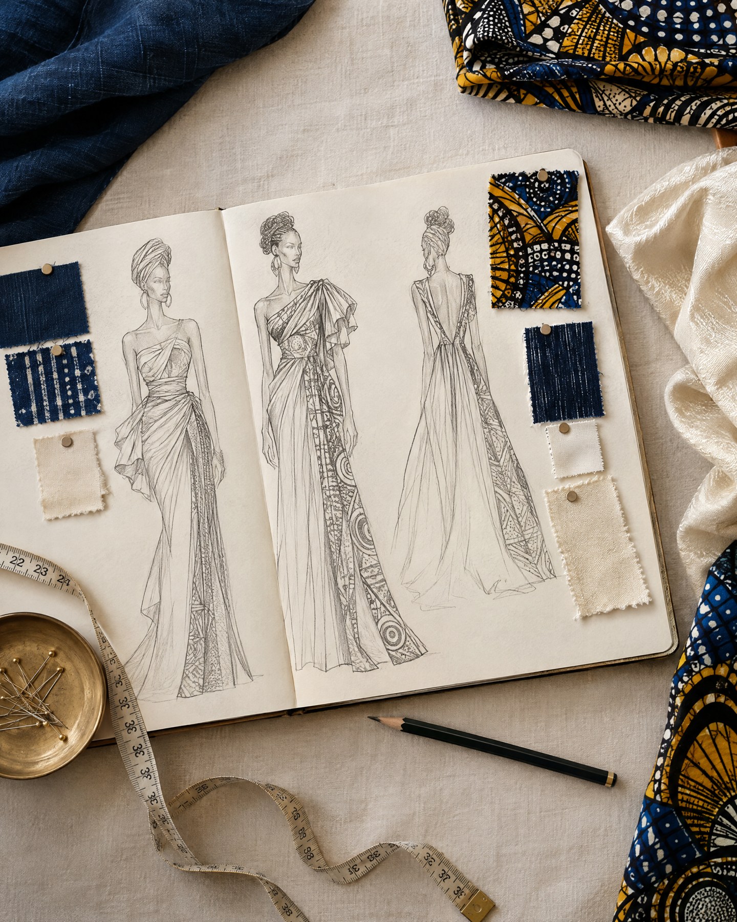 Carnet de croquis de mode et échantillons de tissus