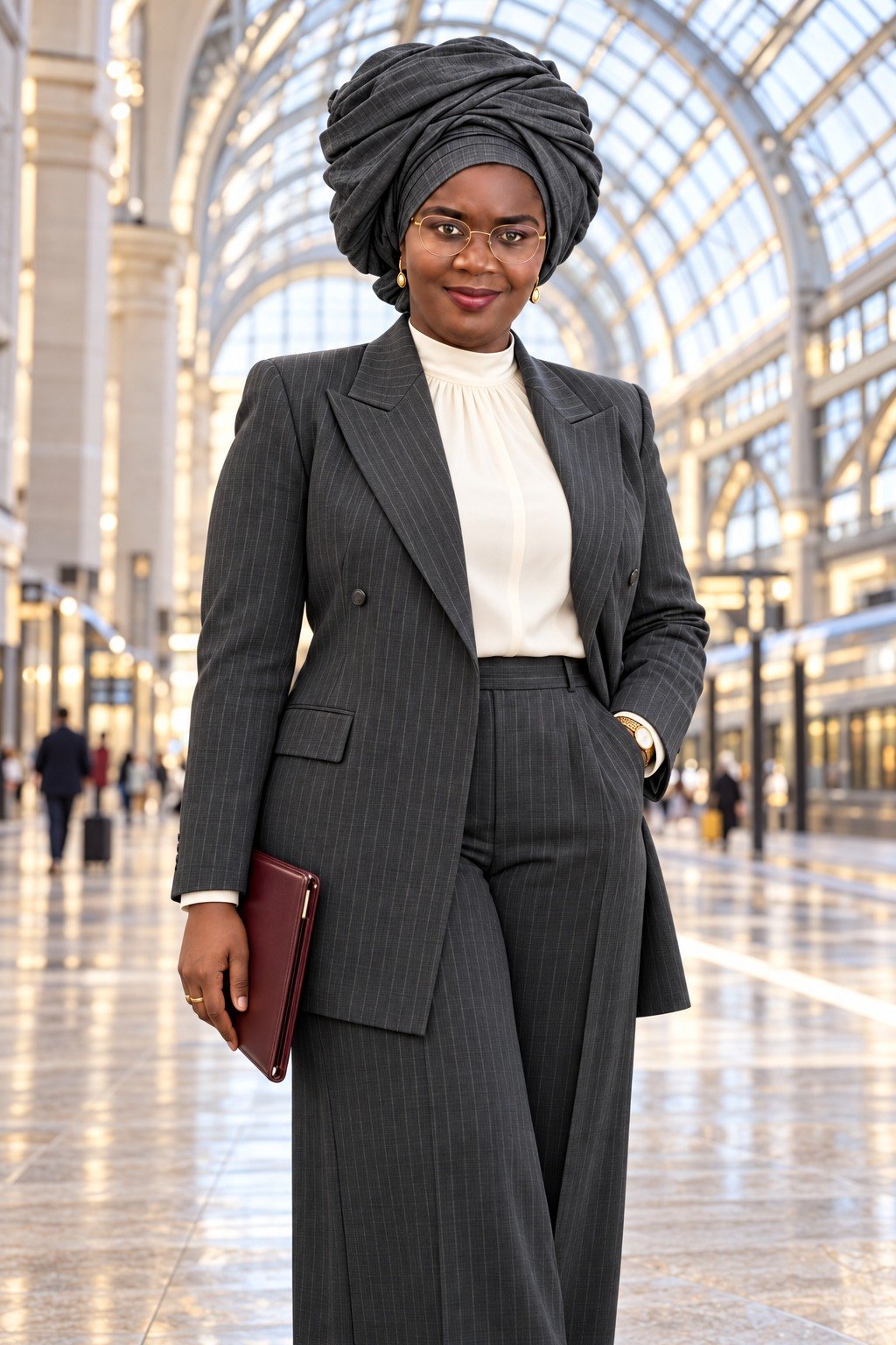 Mame Diarra Bousso DIENG en tailleur gris dans une galerie