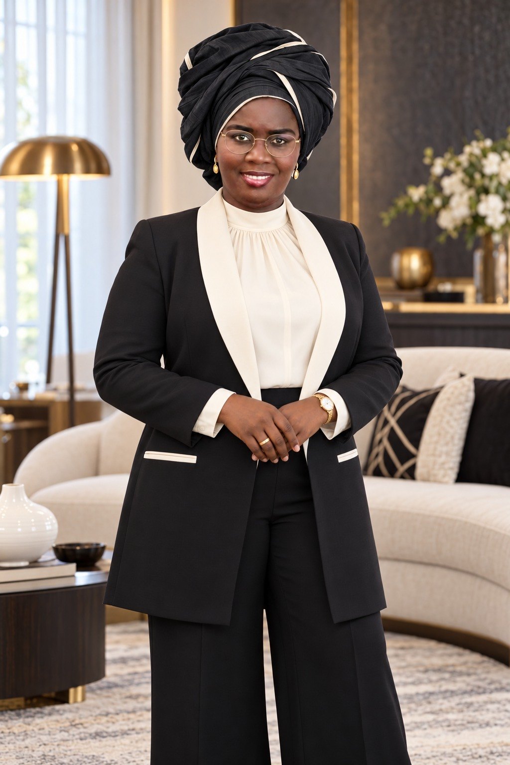 Mame Diarra Bousso DIENG en tailleur noir et ivoire