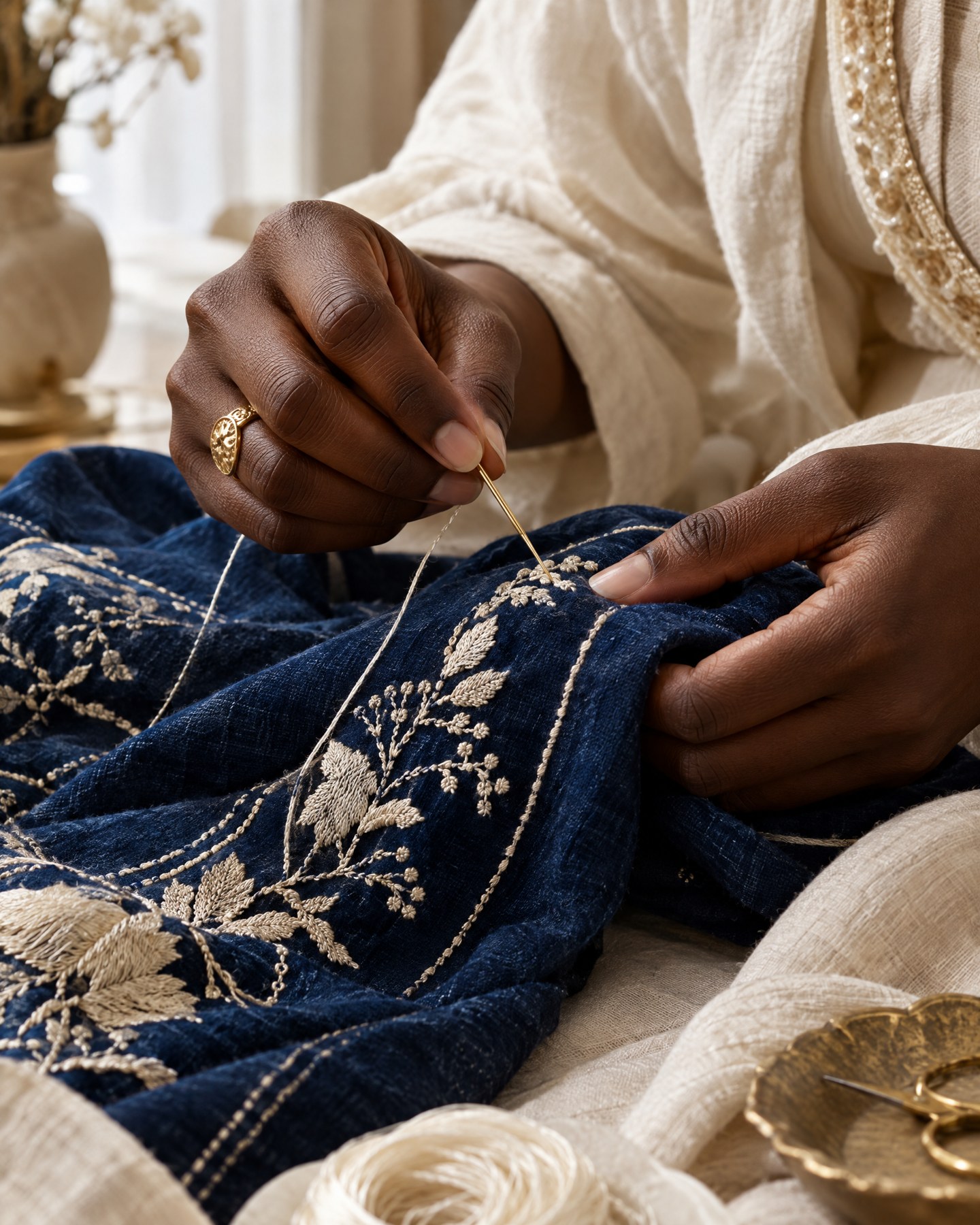Mains brodant un tissu indigo