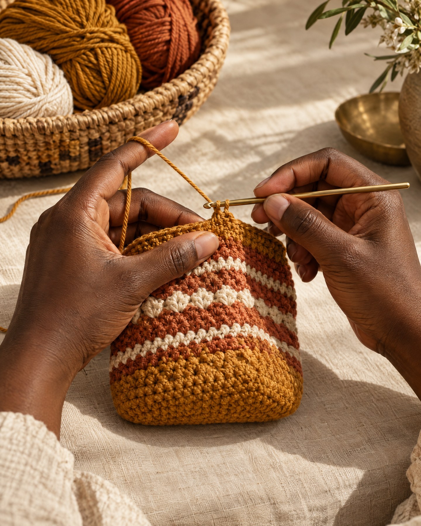 Mains crochetant une pochette en fil ocre et ivoire