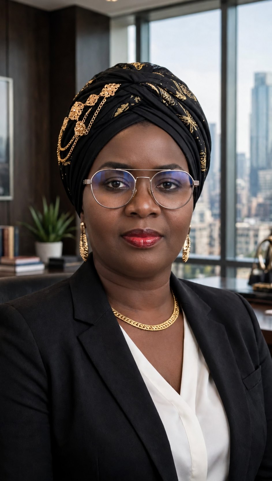 Portrait de Mame Diarra Bousso DIENG, foulard noir et or
